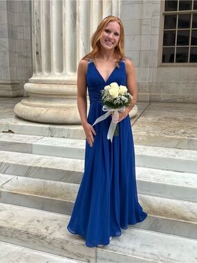 Elegant Royal Blue V-Neck Evening Gown with Beaded Straps